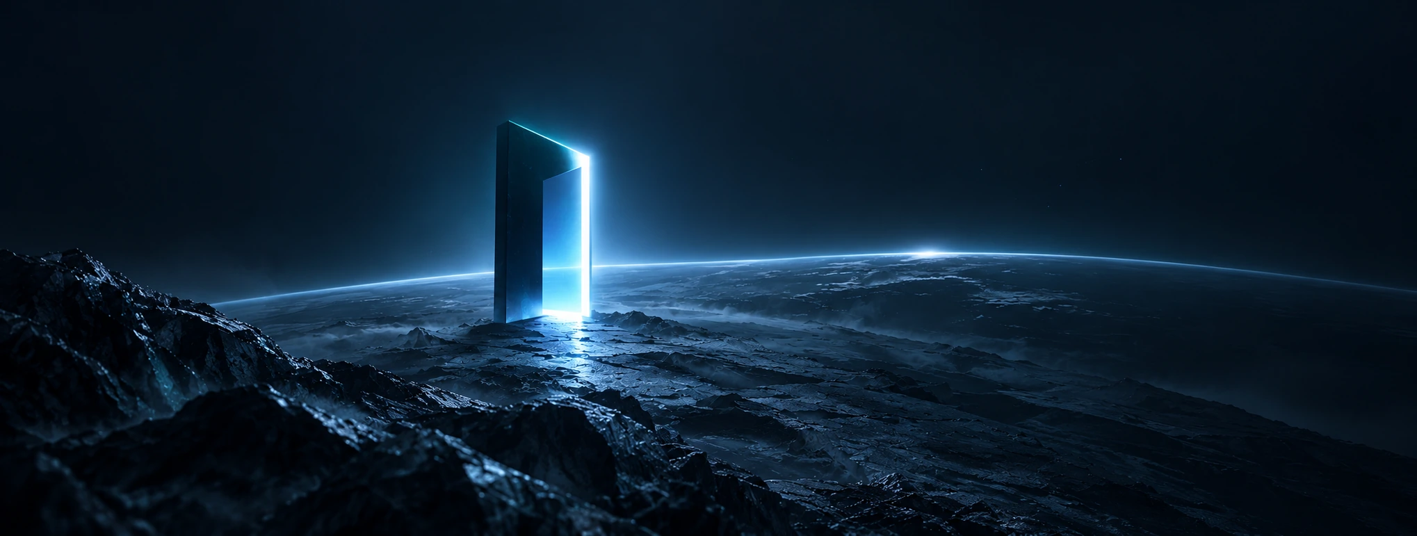 A luminous portal above a dark mountain horizon