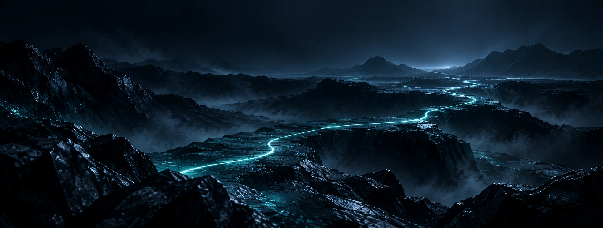 A cyan trail through a dark mountain landscape